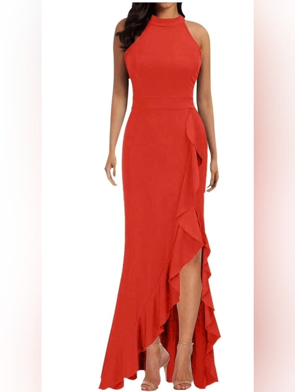 Red Halter Ruffle Maxi Dress